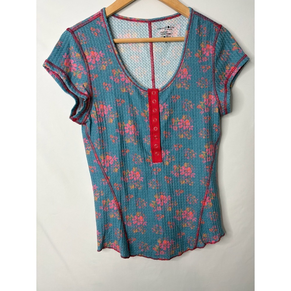 Natural Life Floral Waffle Knit Henley Short Sleeve Top Sz M Boho Y2K Indie Twee